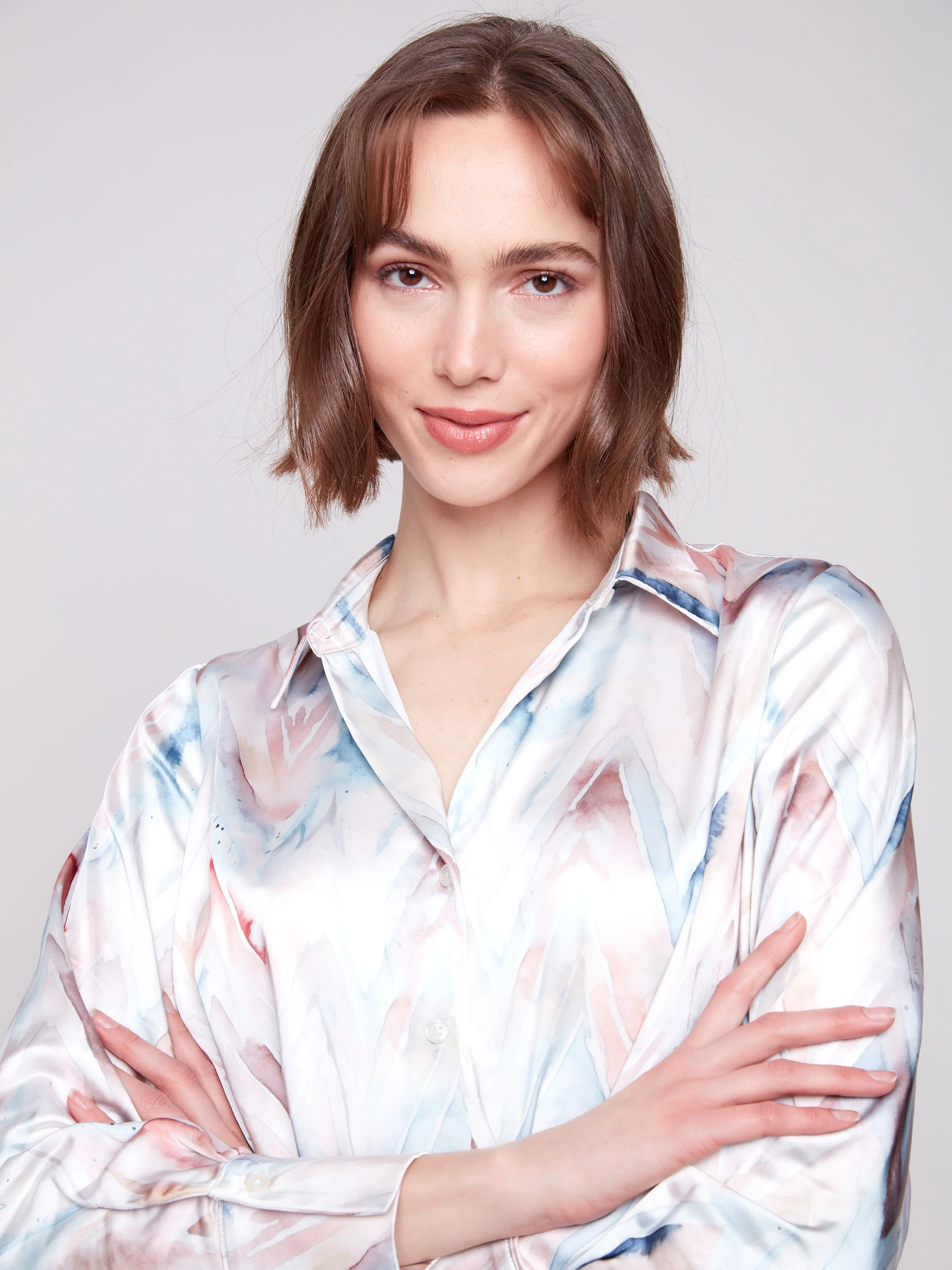 Printed Satin Button-Down Shirt With Twisted Front - Chevron - Image 3