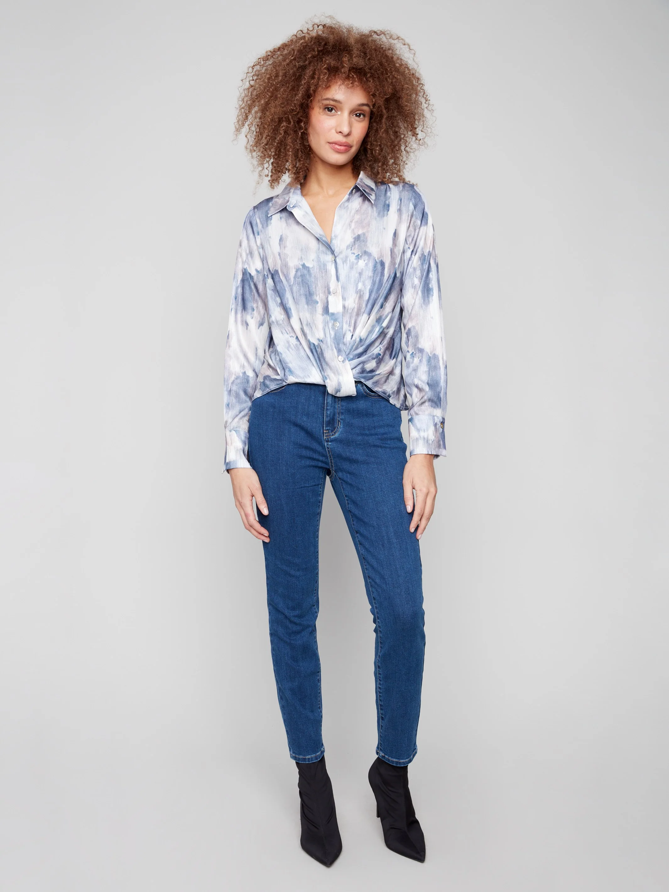 Printed Button-Down Shirt With Twisted Front - Pearly - Image 4