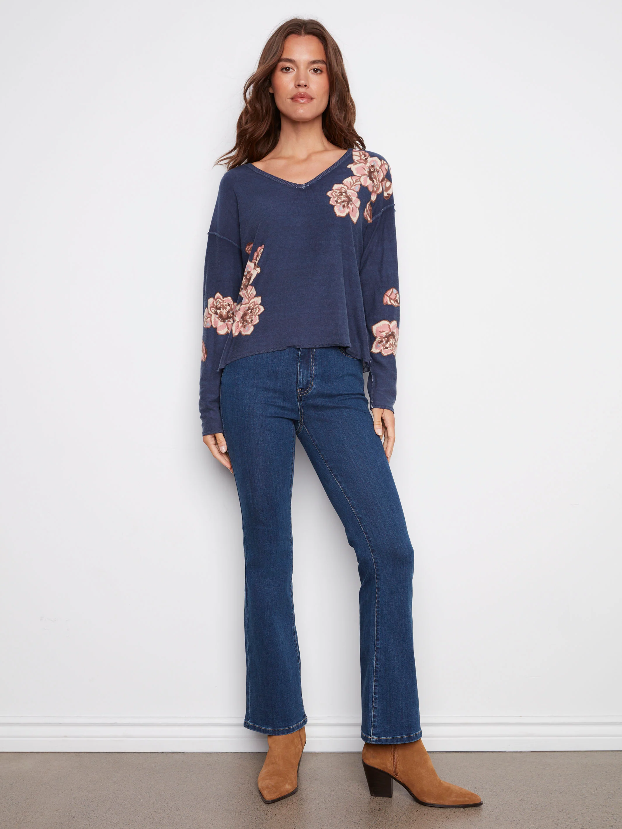 Reversible Floral V-Neck Sweater - Denim - Image 3