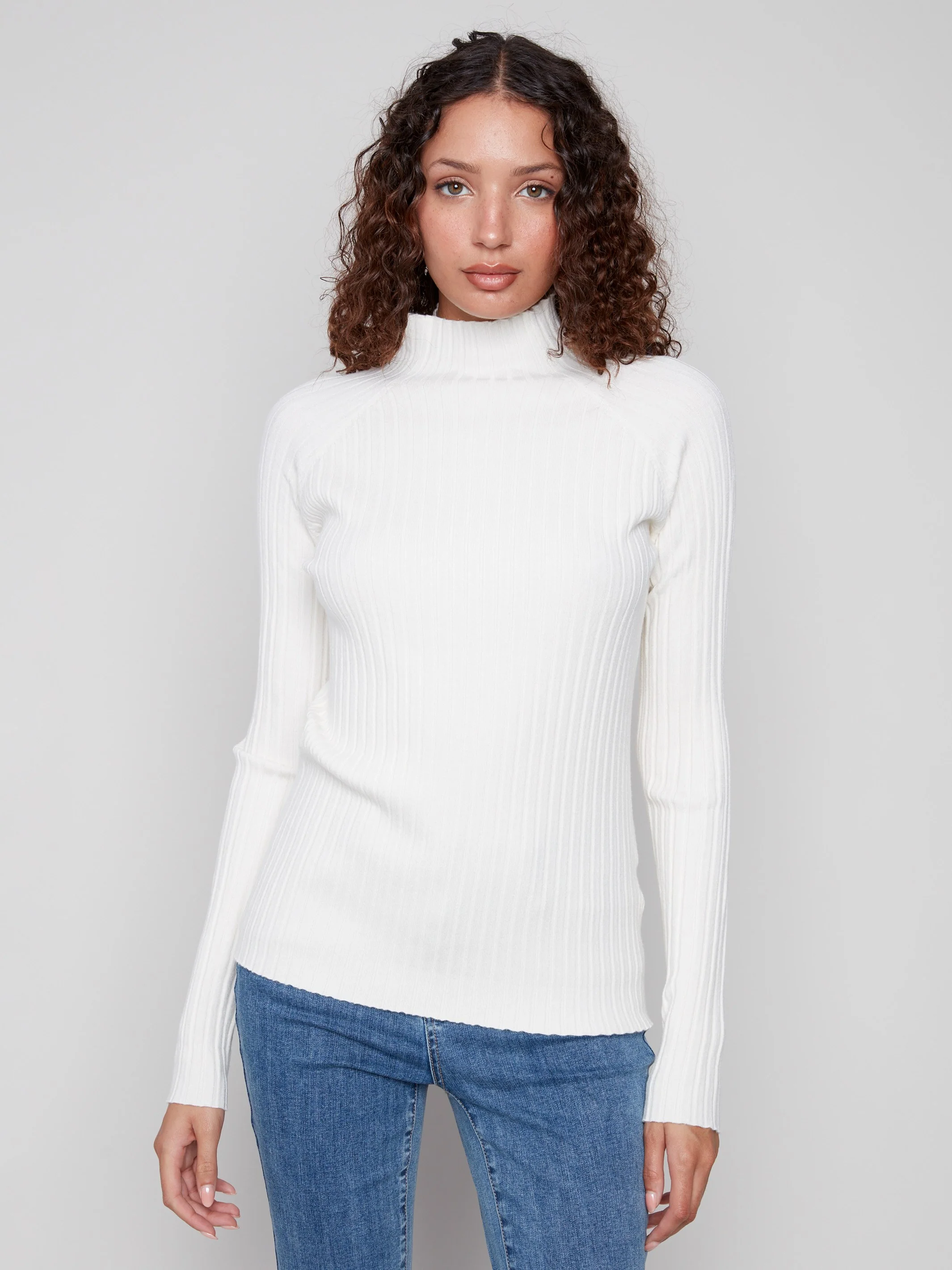 Ribbed Knit Mock Neck Sweater - Ecru - Image 3