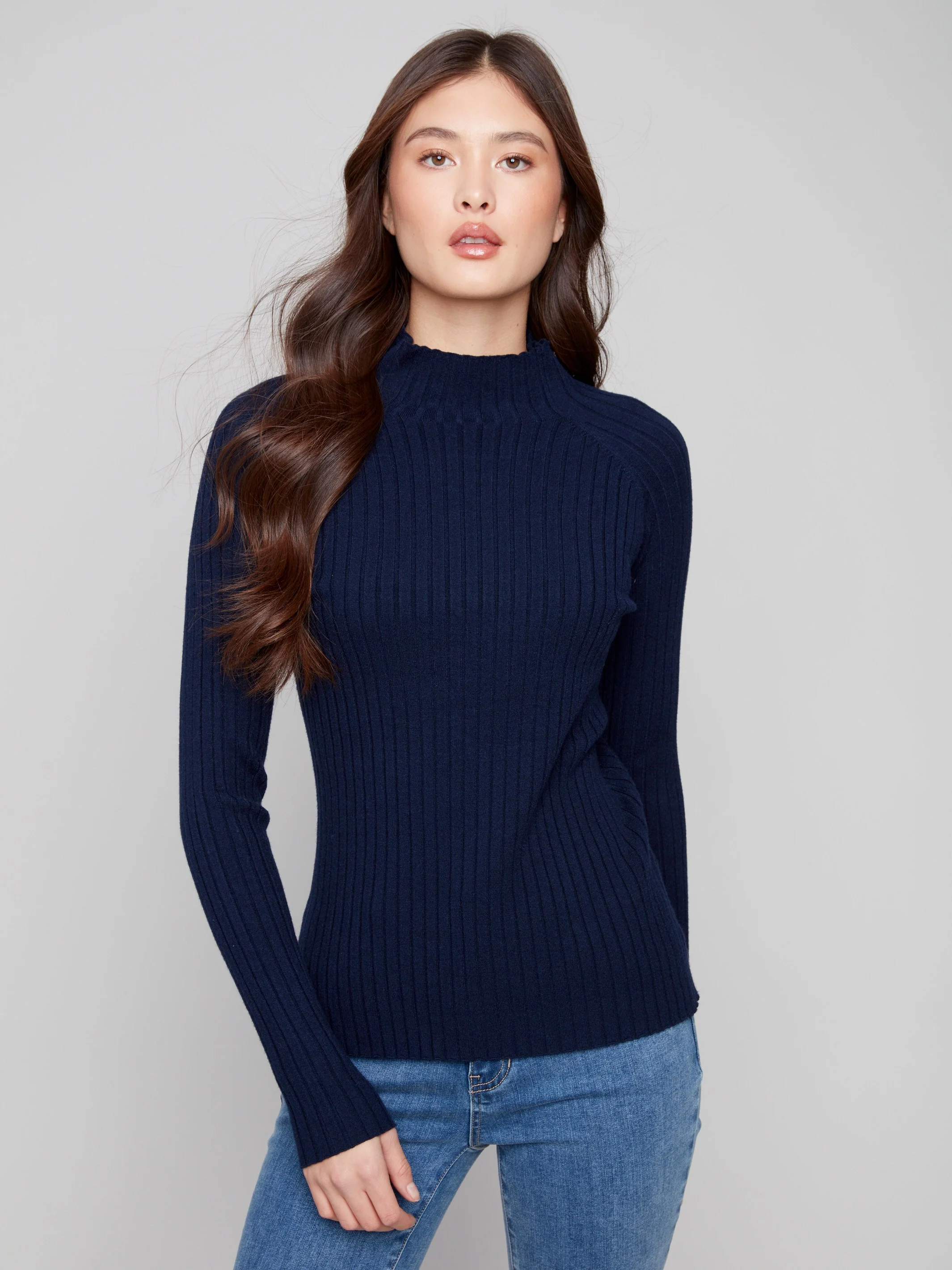Ribbed Knit Mock Neck Sweater - Navy - Image 3