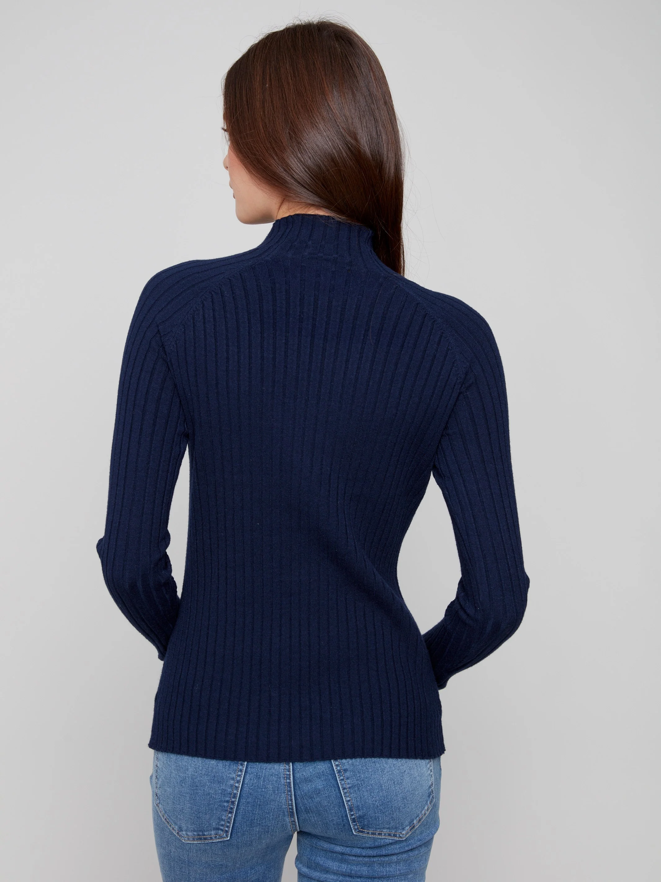 Ribbed Knit Mock Neck Sweater - Navy - Image 4