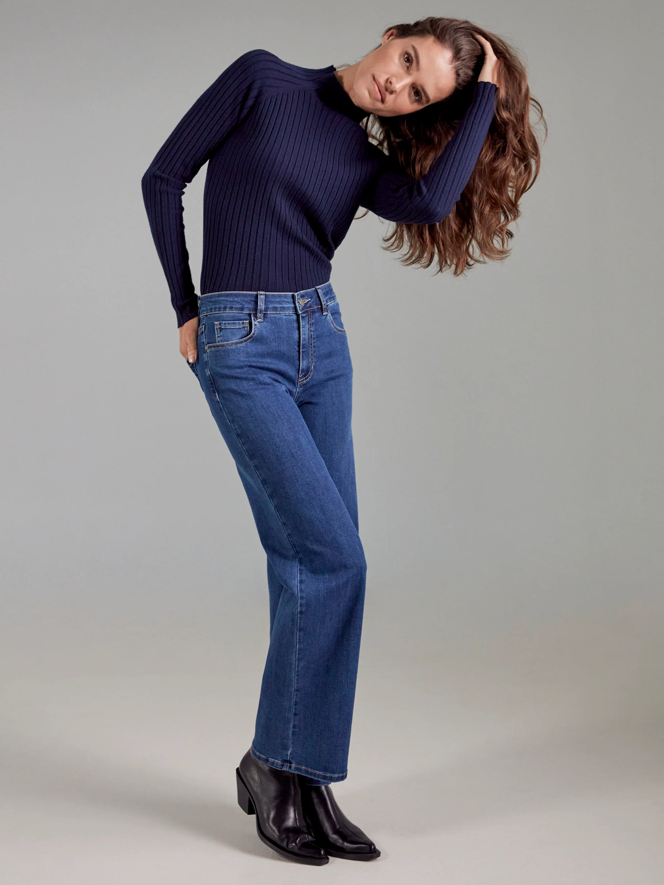 Ribbed Knit Mock Neck Sweater - Navy - Image 7