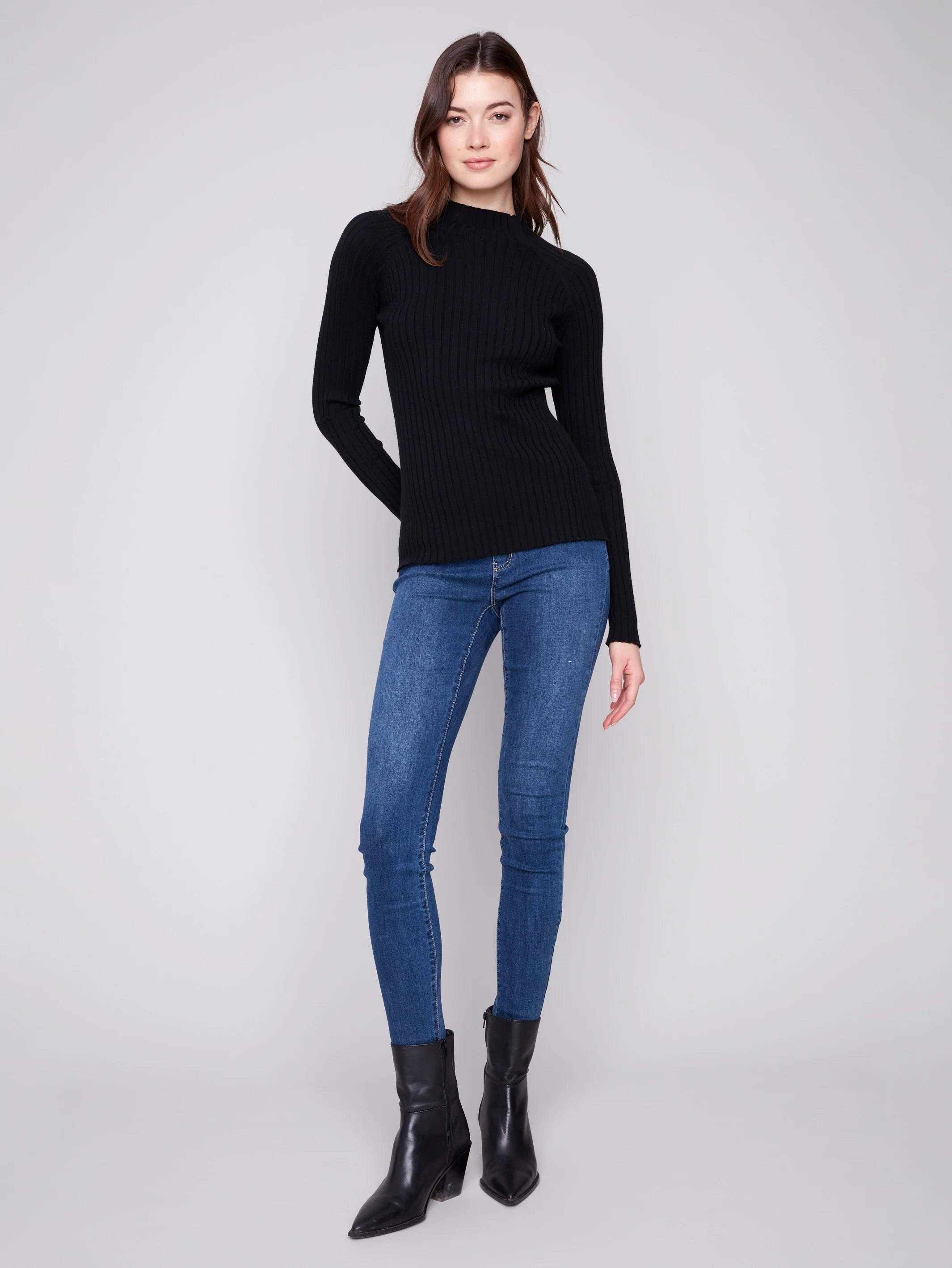 Ribbed Knit Mock Neck Sweater - Black - Image 3