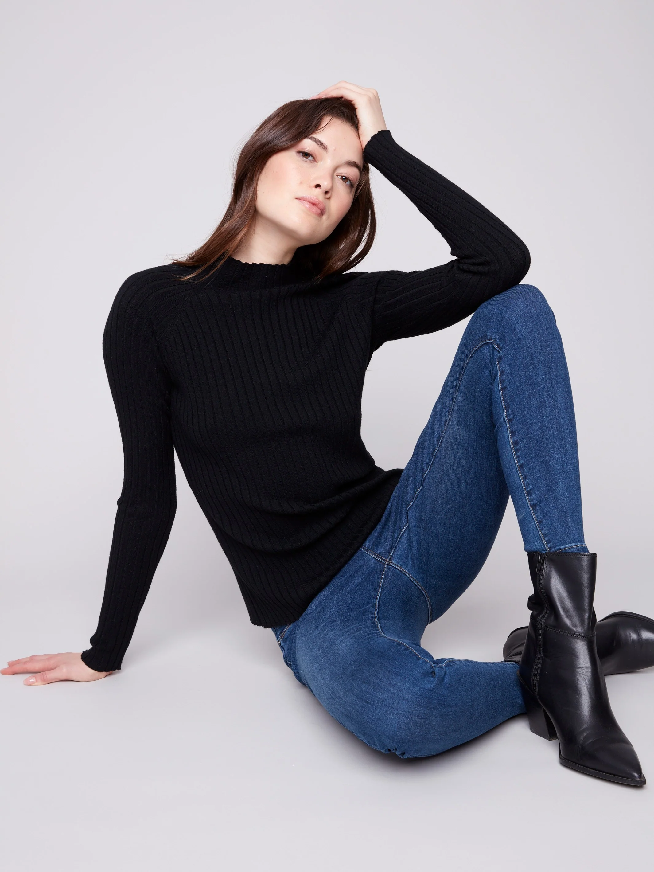 Ribbed Knit Mock Neck Sweater - Black - Image 4