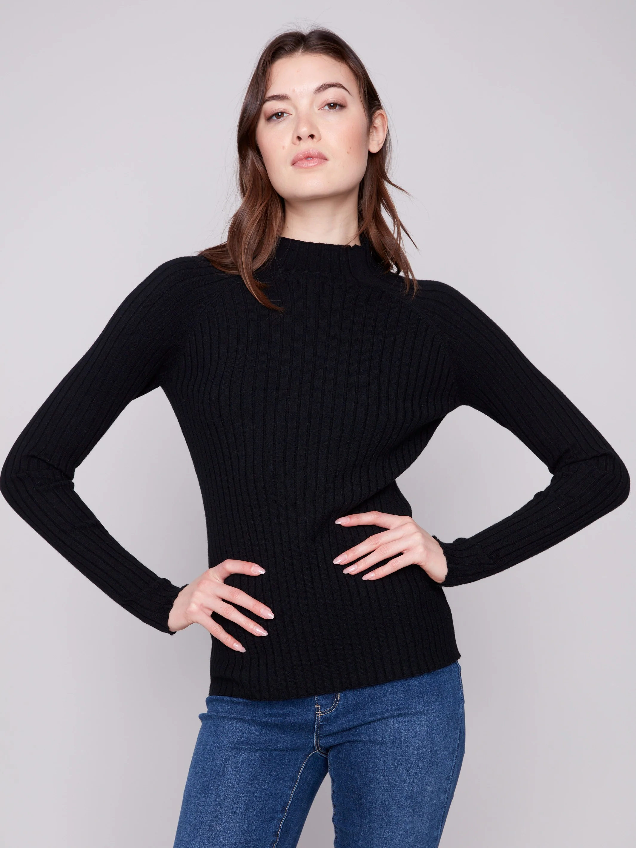 Ribbed Knit Mock Neck Sweater - Black - Image 5