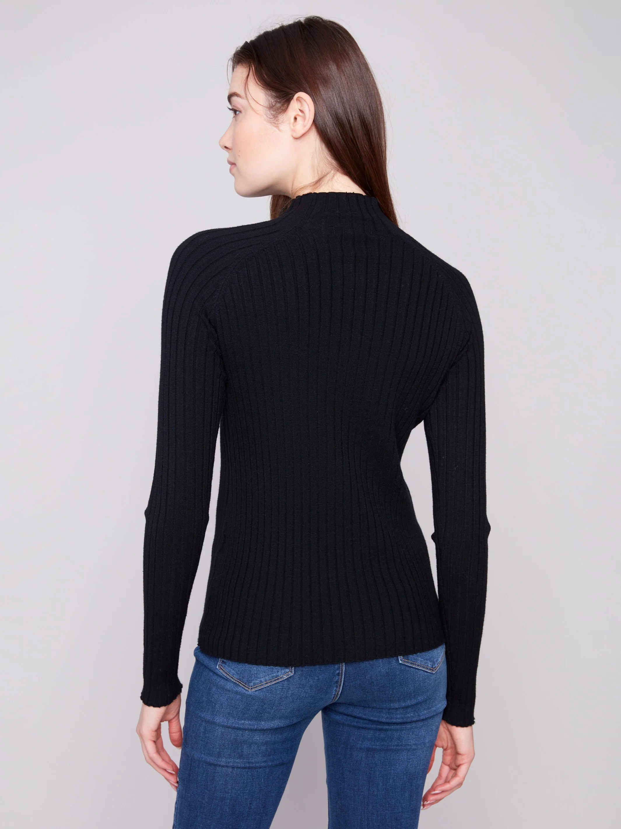 Ribbed Knit Mock Neck Sweater - Black - Image 6