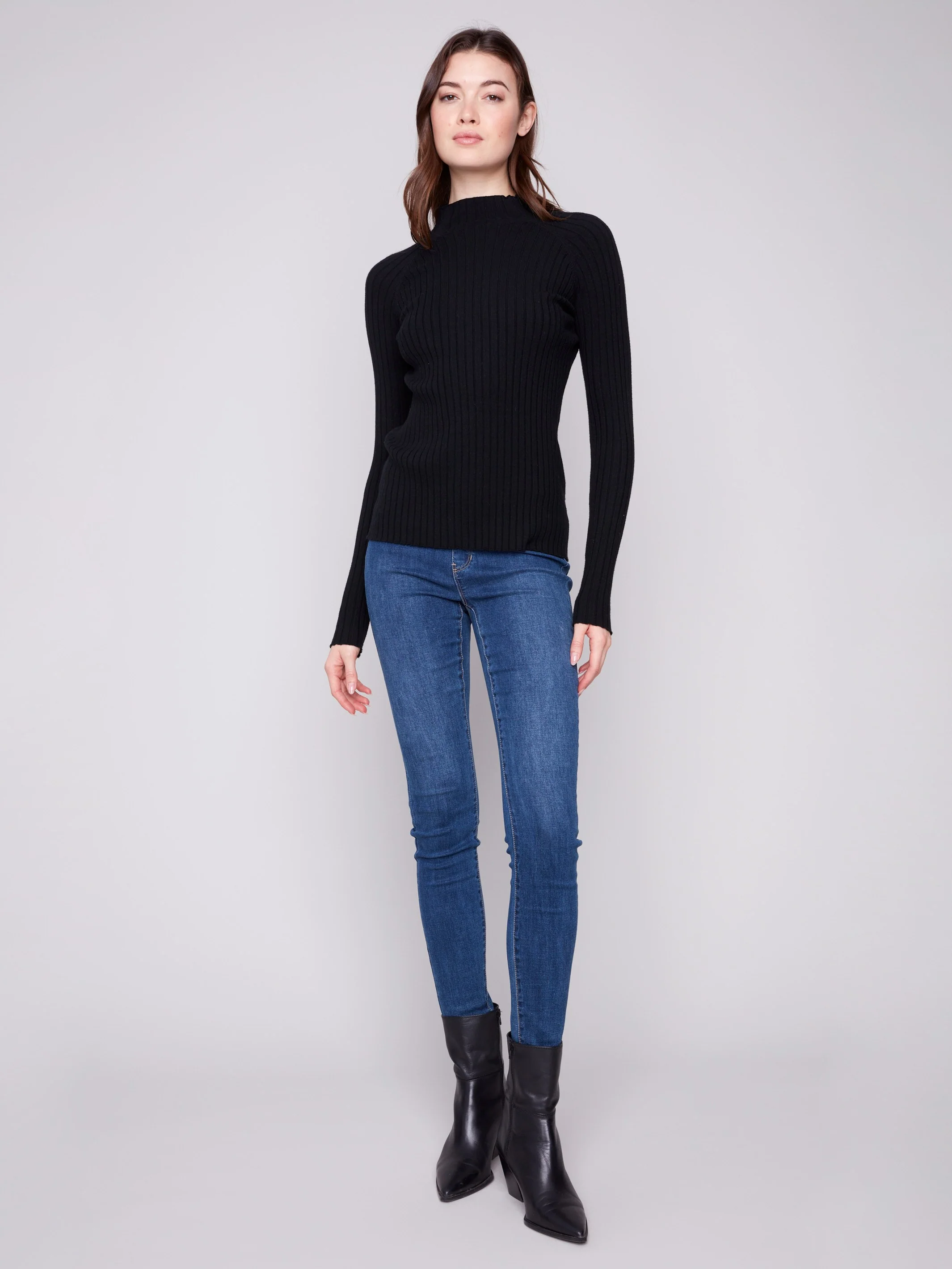Ribbed Knit Mock Neck Sweater - Black - Image 7