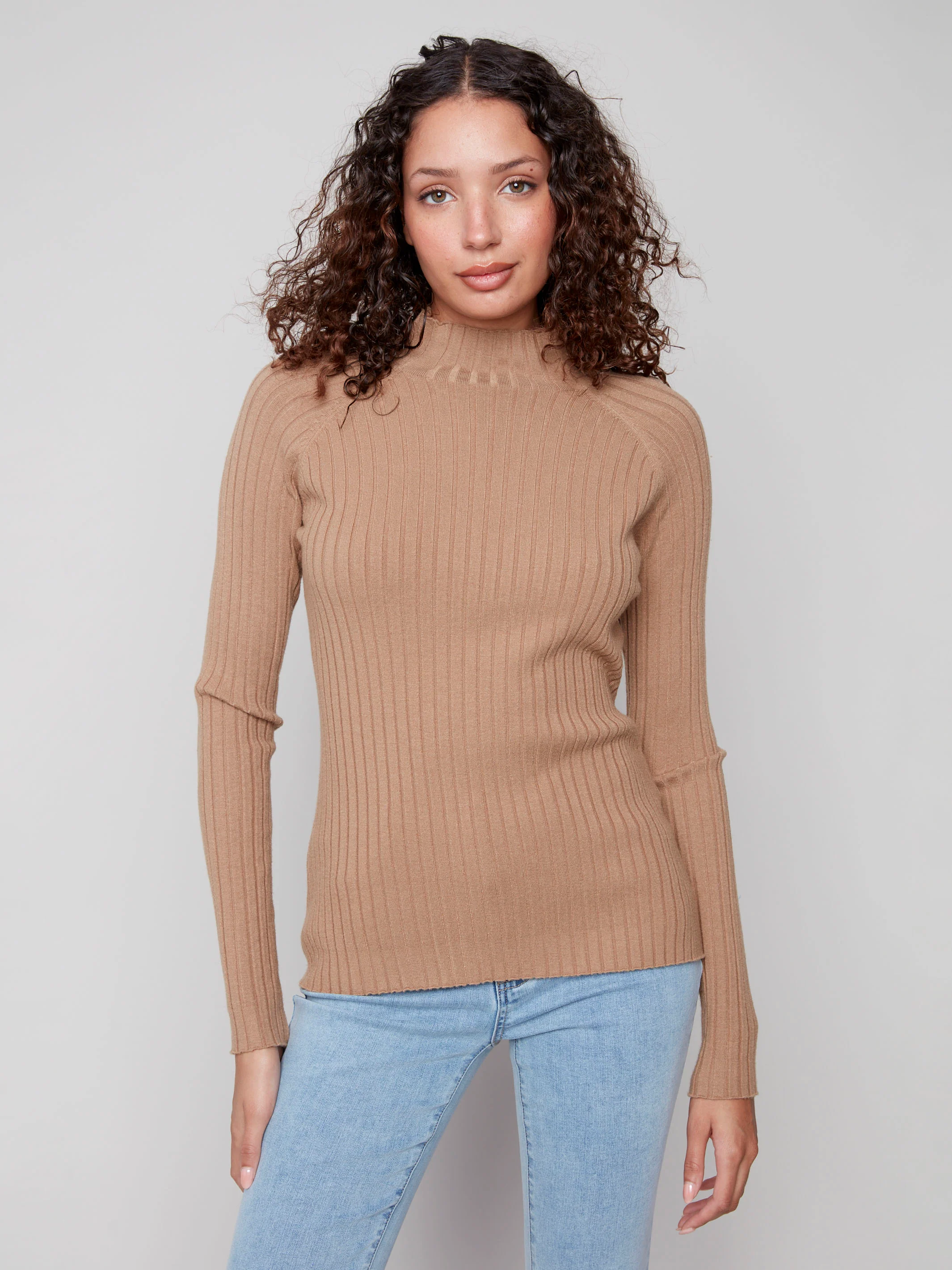 Ribbed Knit Mock Neck Sweater - Truffle - Image 3