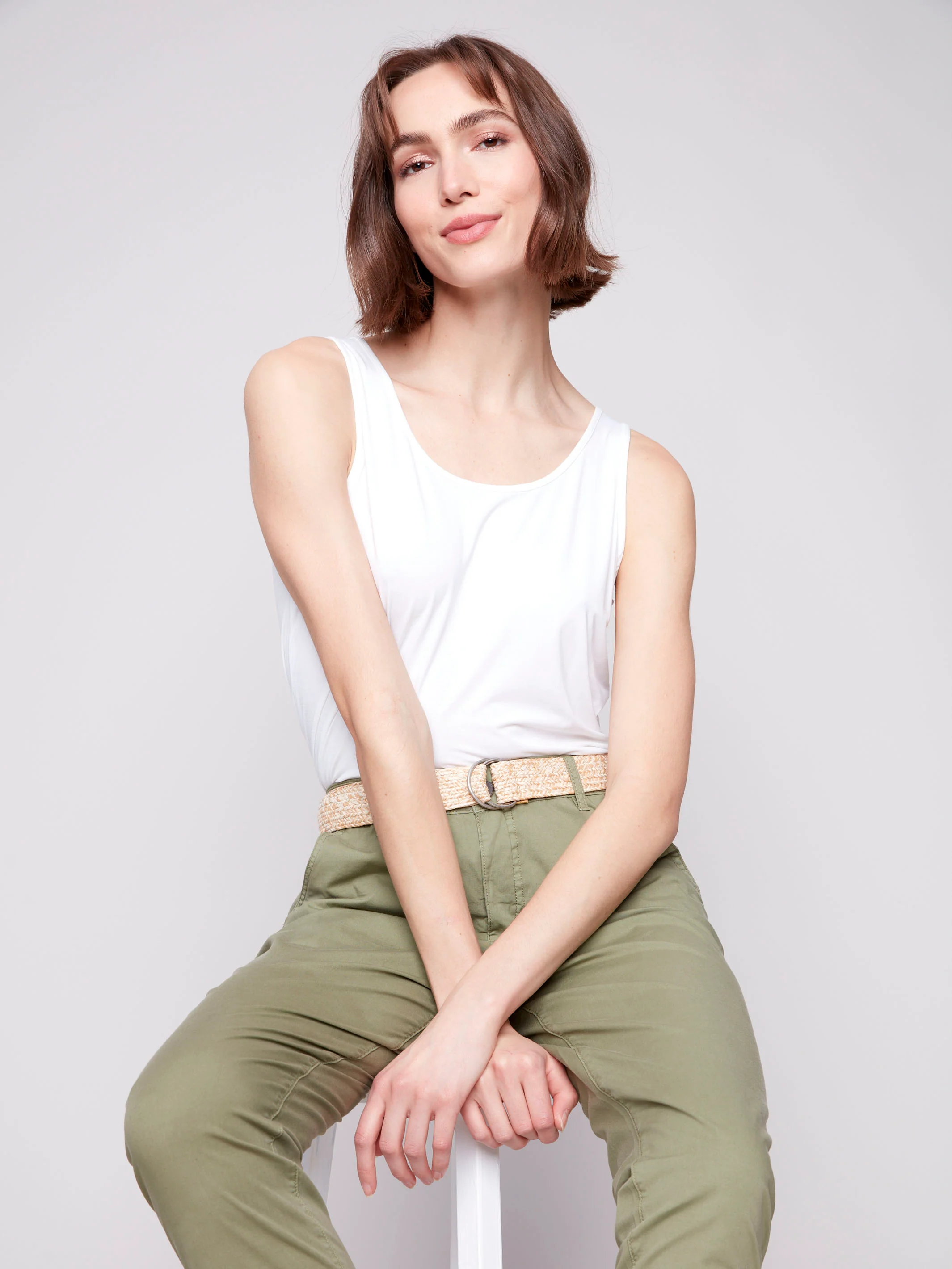 Slim Fit Pants with Belt - Celadon - Image 3