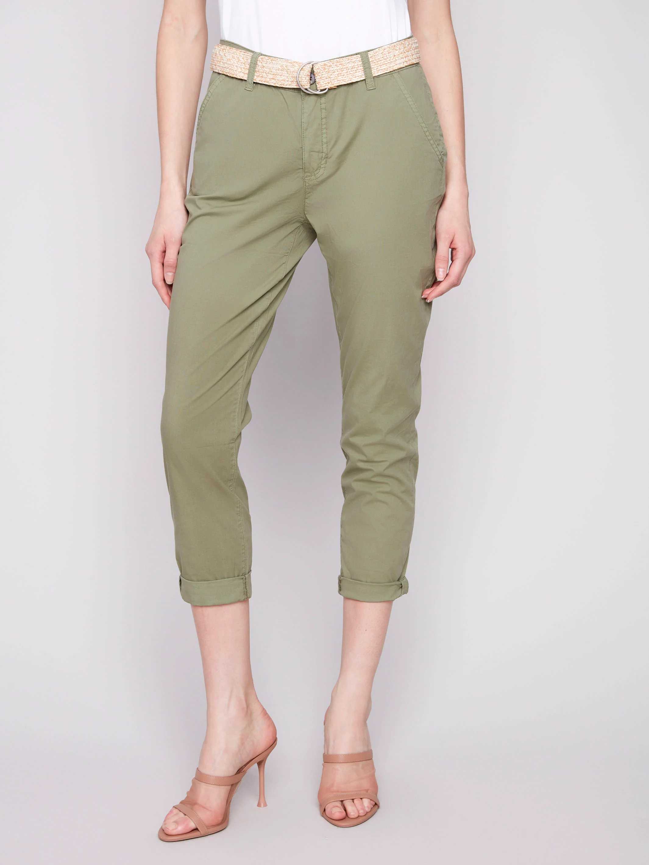 Slim Fit Pants with Belt - Celadon - Image 4