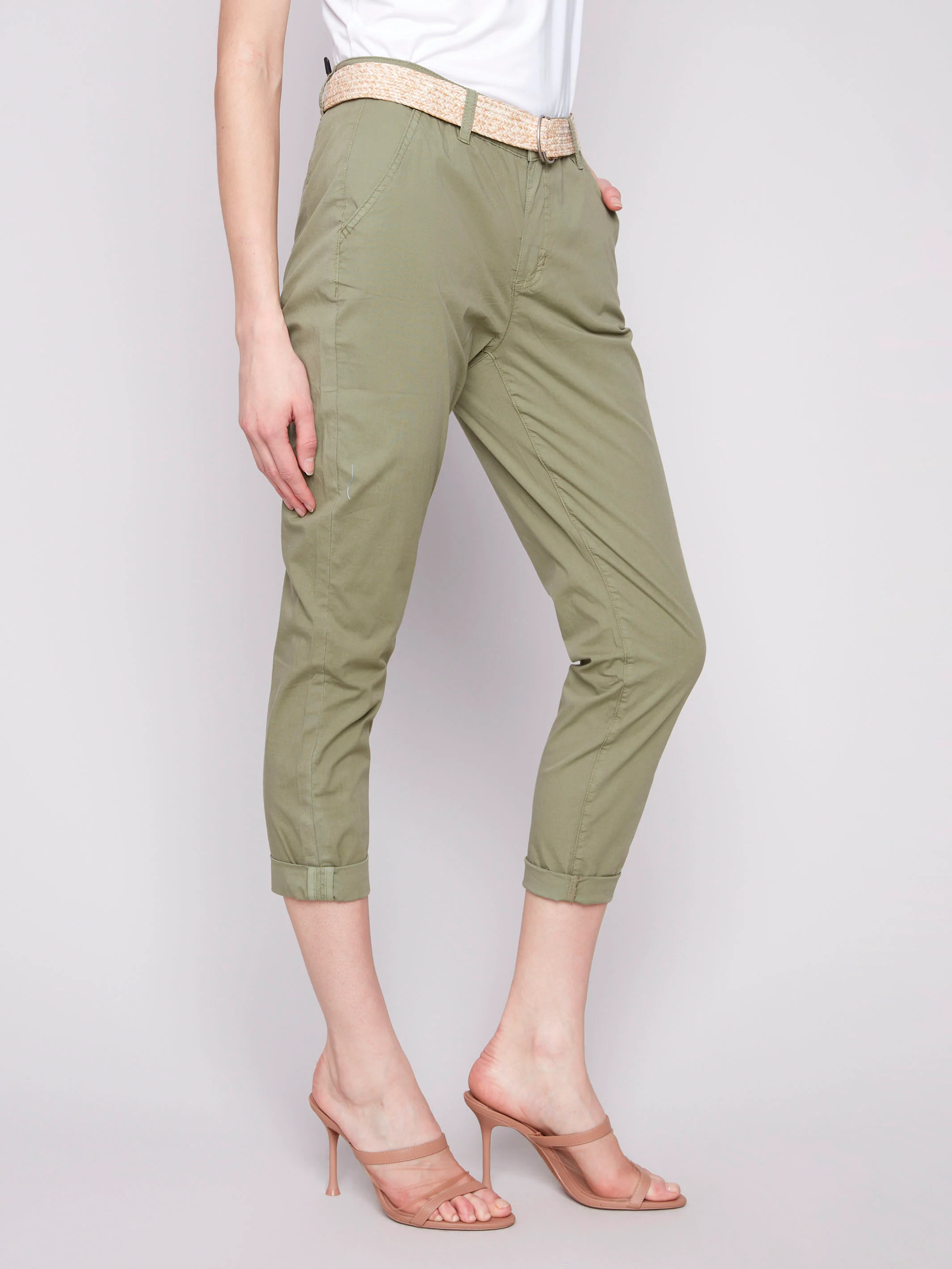 Slim Fit Pants with Belt - Celadon - Image 5
