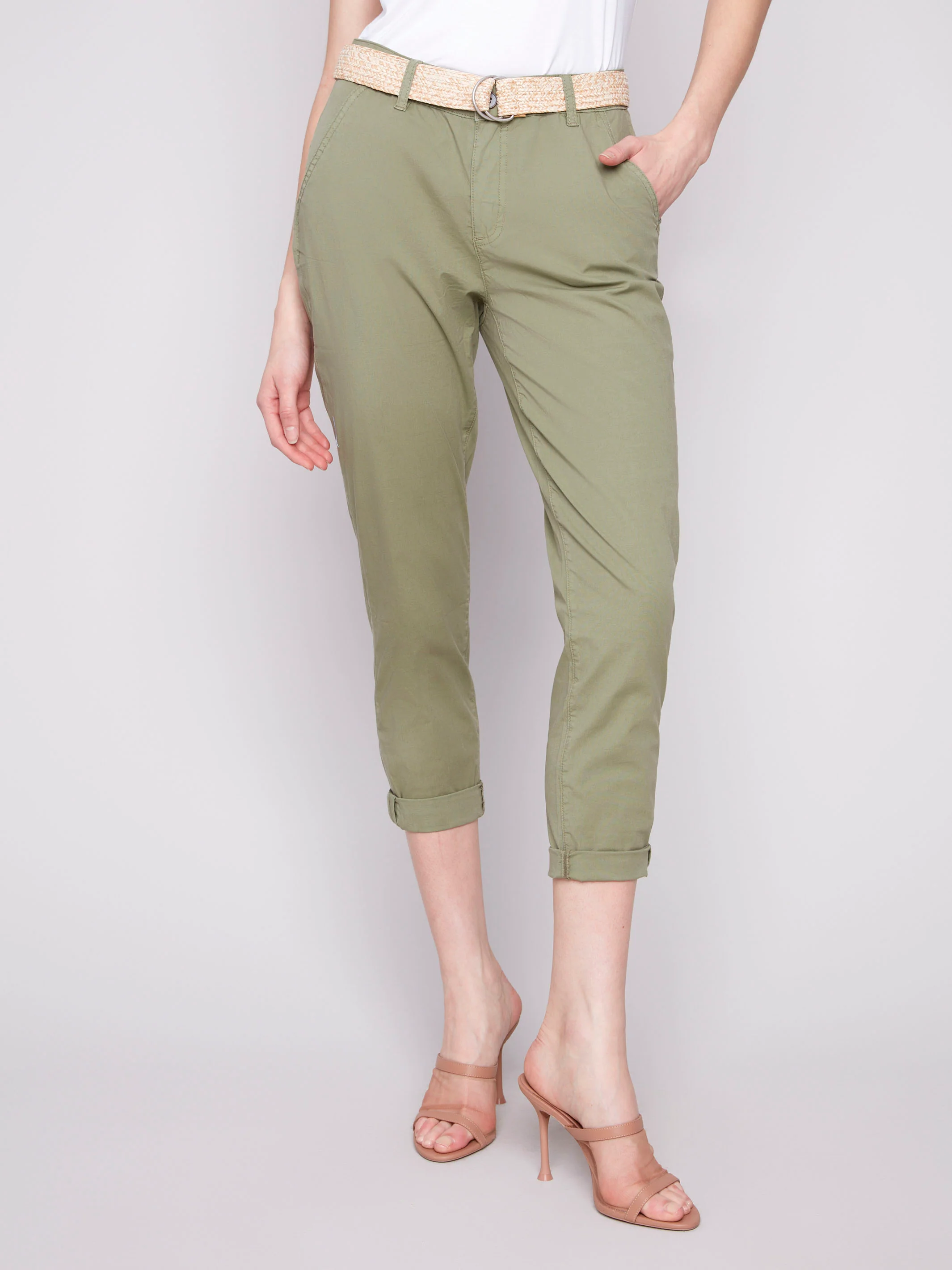 Slim Fit Pants with Belt - Celadon - Image 6
