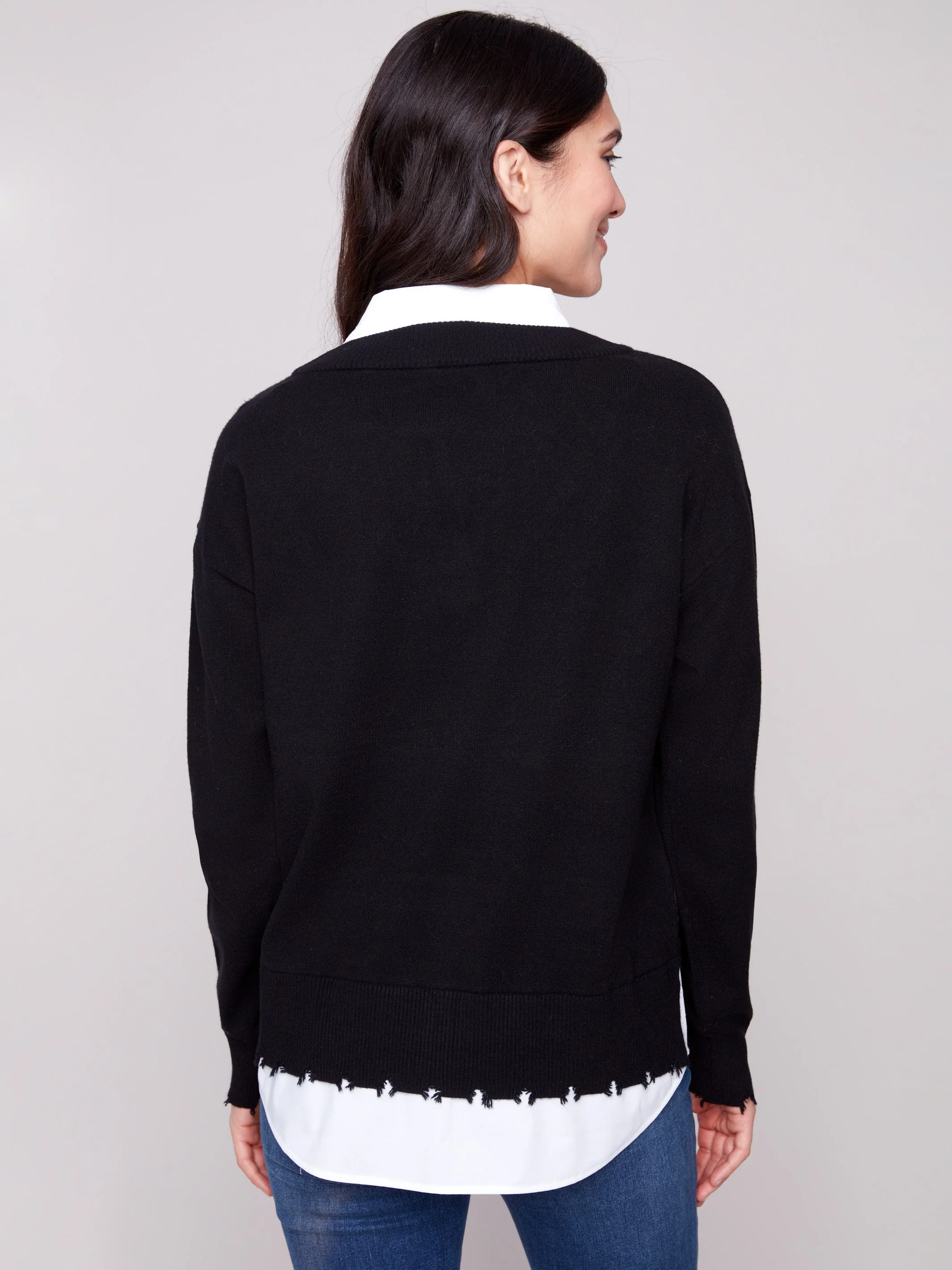 V-Neck Fooler Sweater With Shirt Collar - Black - Image 3