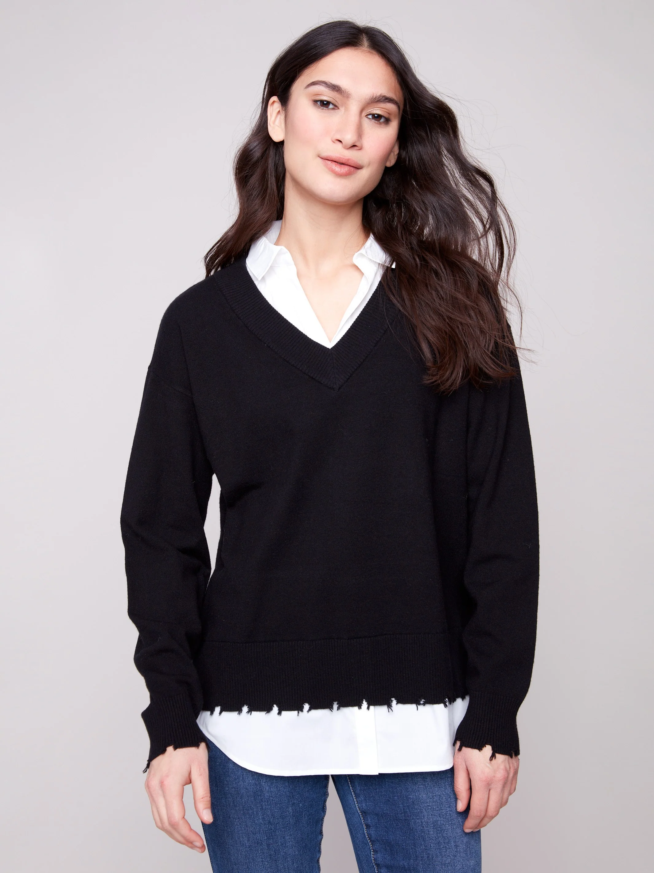 V-Neck Fooler Sweater With Shirt Collar - Black - Image 4