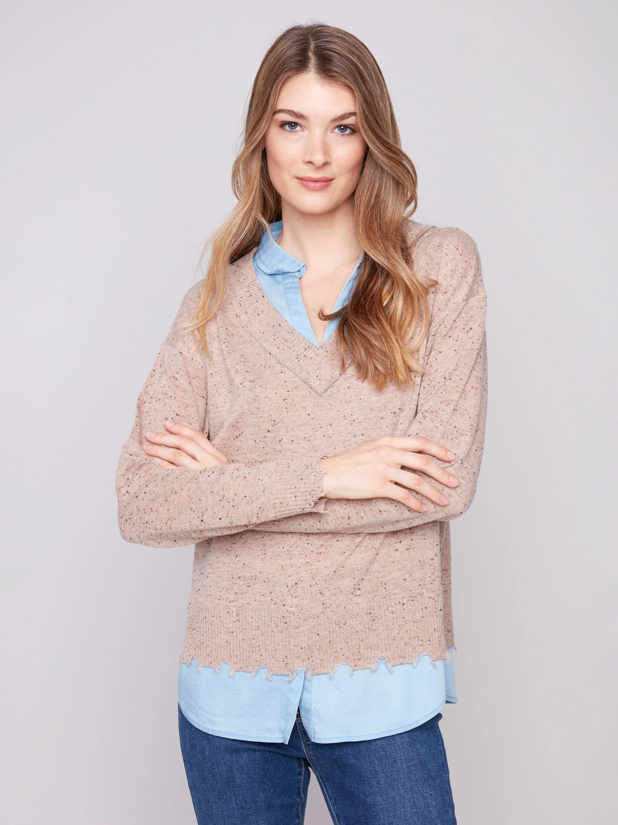 V-Neck Fooler Sweater With Shirt Collar - Oat Flecks - Image 3