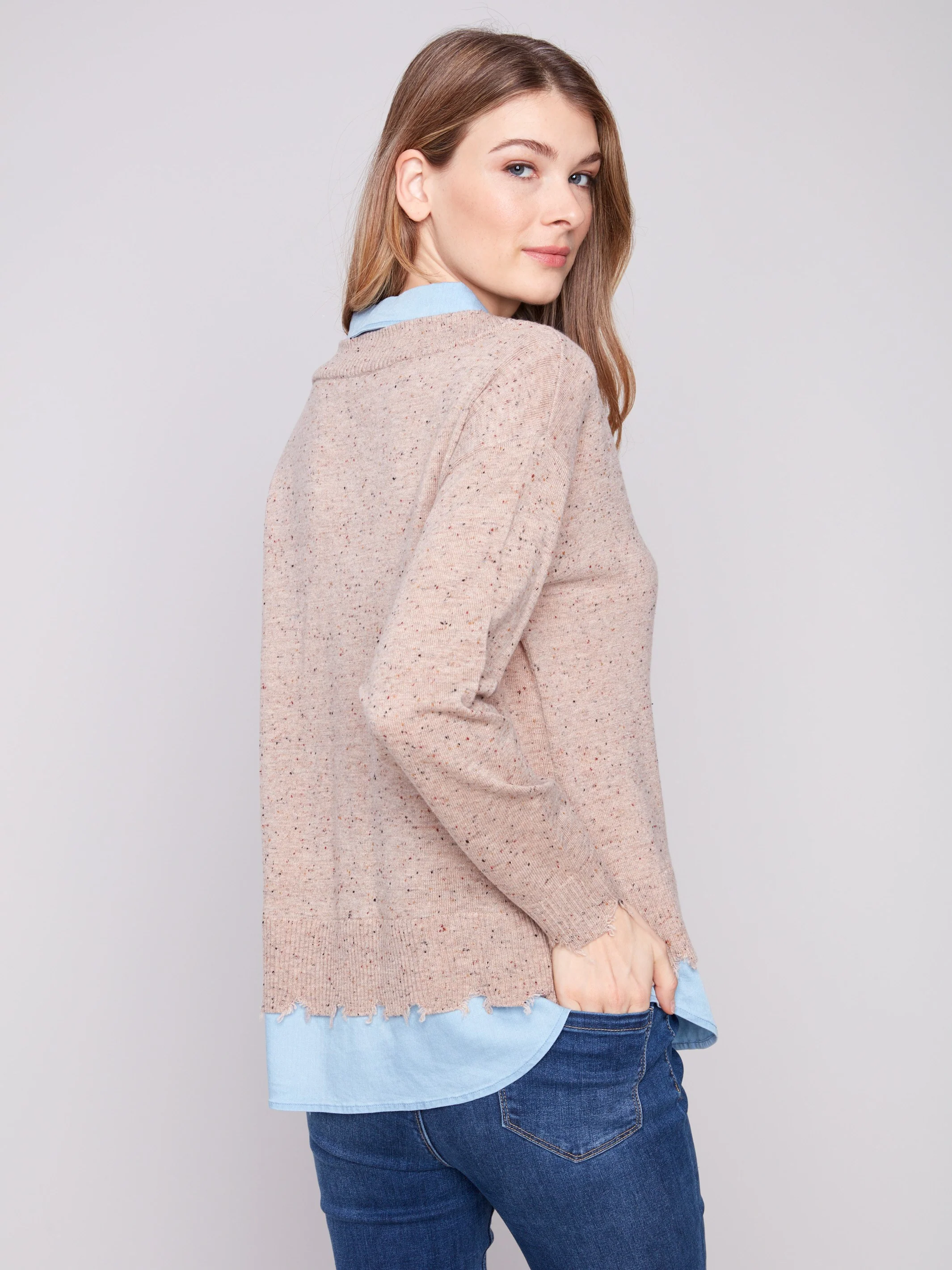 V-Neck Fooler Sweater With Shirt Collar - Oat Flecks - Image 4