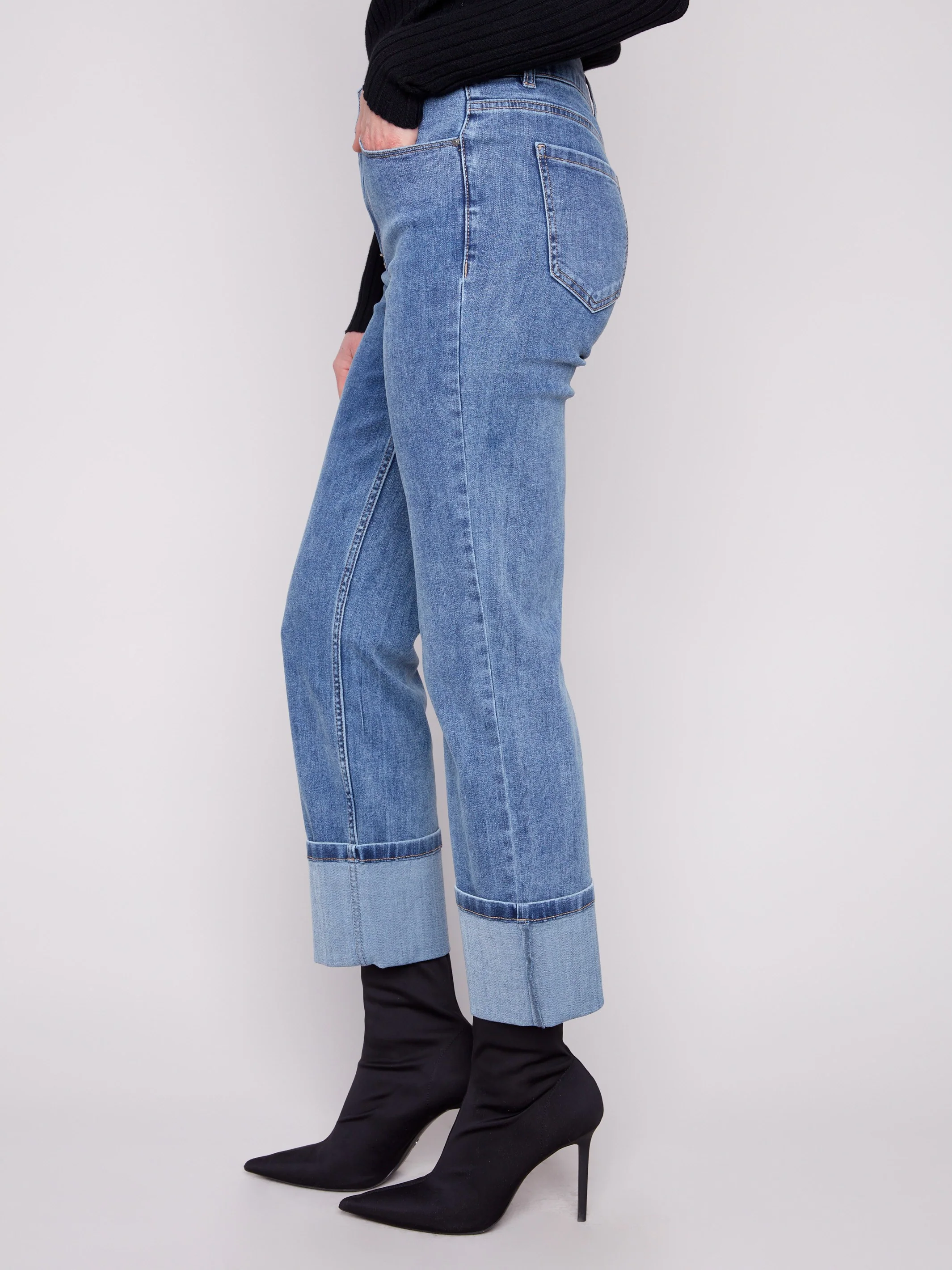 Wide Cuff Straight Leg Jeans - Medium Blue - Image 3