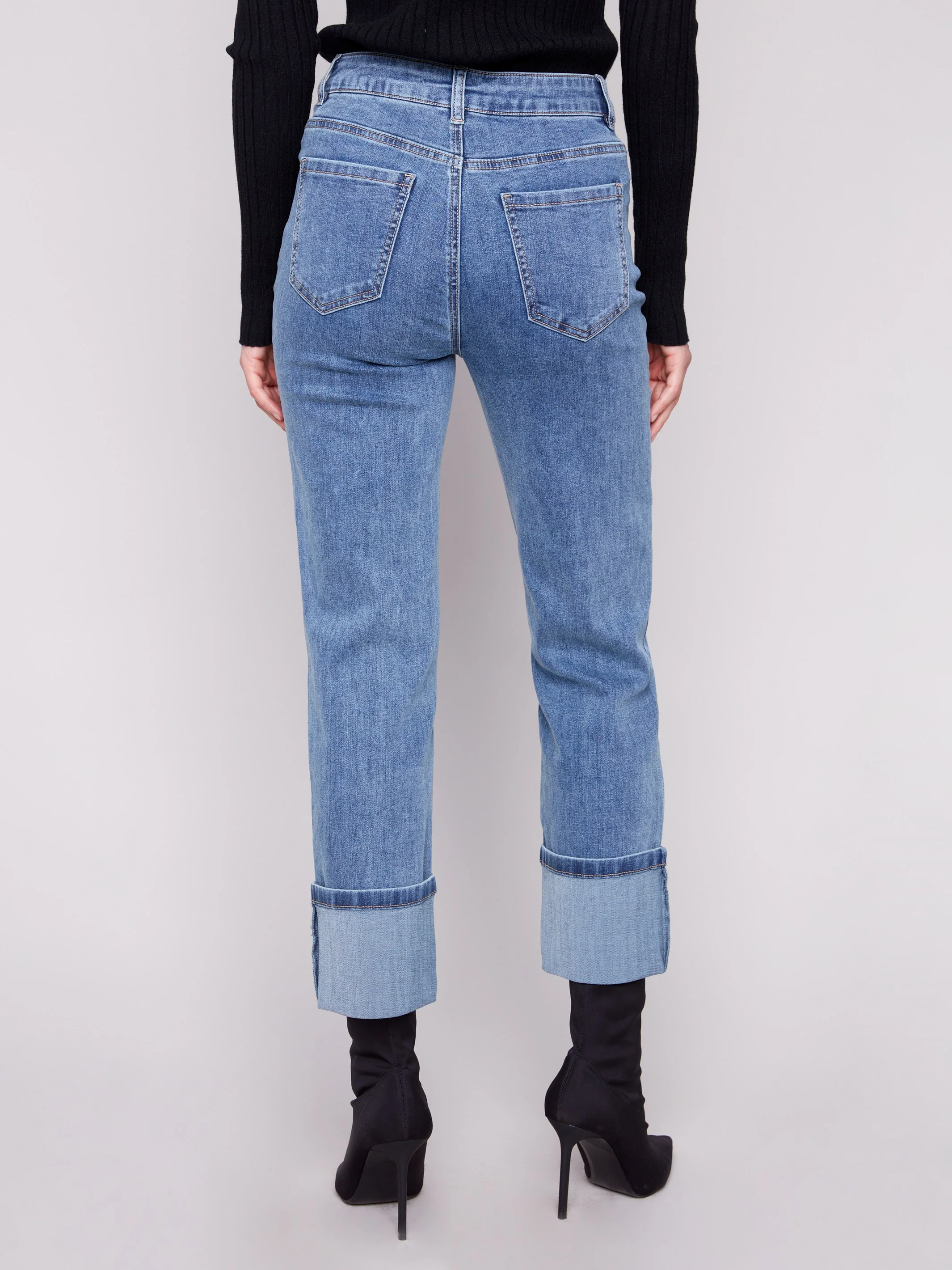 Wide Cuff Straight Leg Jeans - Medium Blue - Image 4