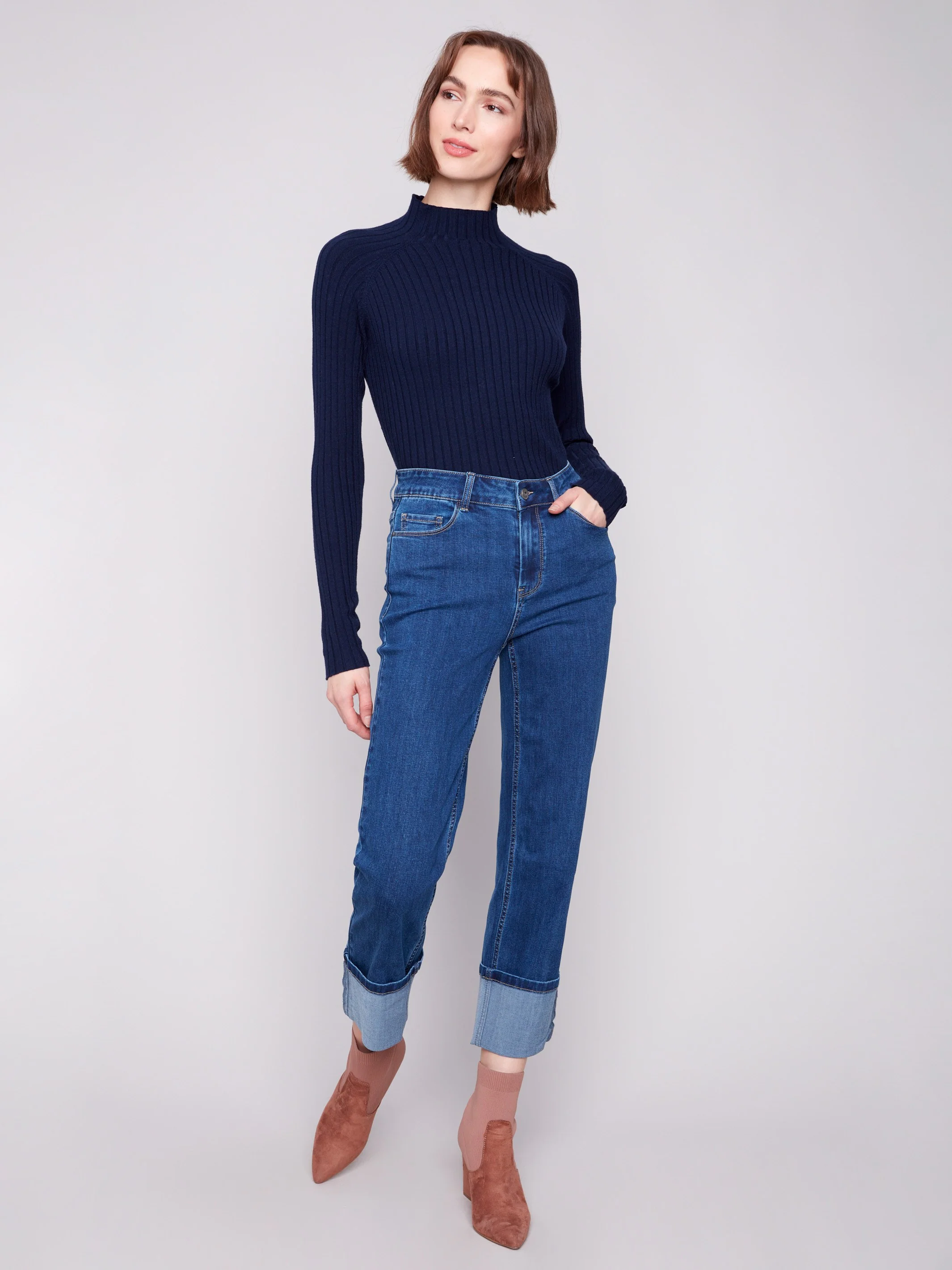 Wide Cuff Straight Leg Jeans - Indigo - Image 6